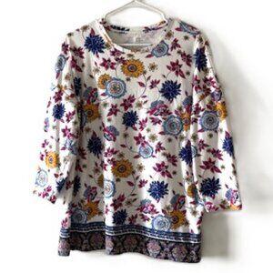 Kim Rogers Navy Blue and White Floral Tunic with Three-Quarter Sleeves